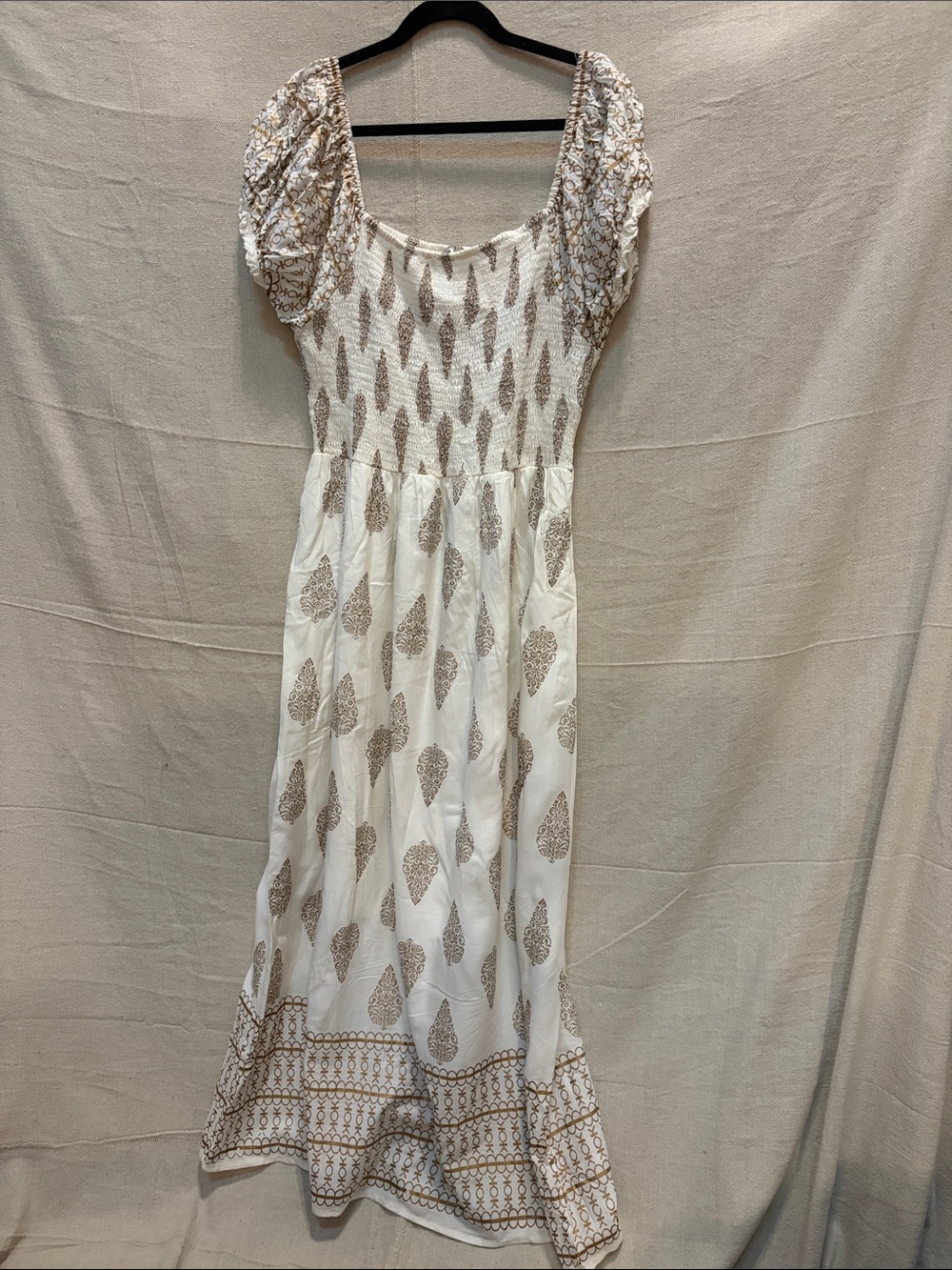Smocked White Maxi Dress with Tan Paisley Print